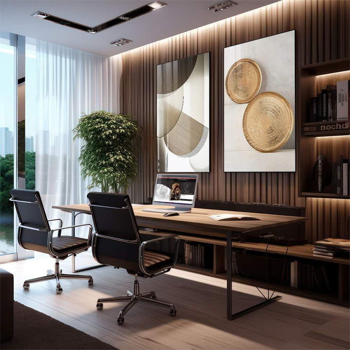 Quadro Decorativo Reflexos Dourados - Suprema Elegância | quadros decorativos | Duas telas abstratas com formas geométricas em tons bege e cinza com texturas e curvas contidas. | em Quadros para Escritorio | Porao dos Quadros