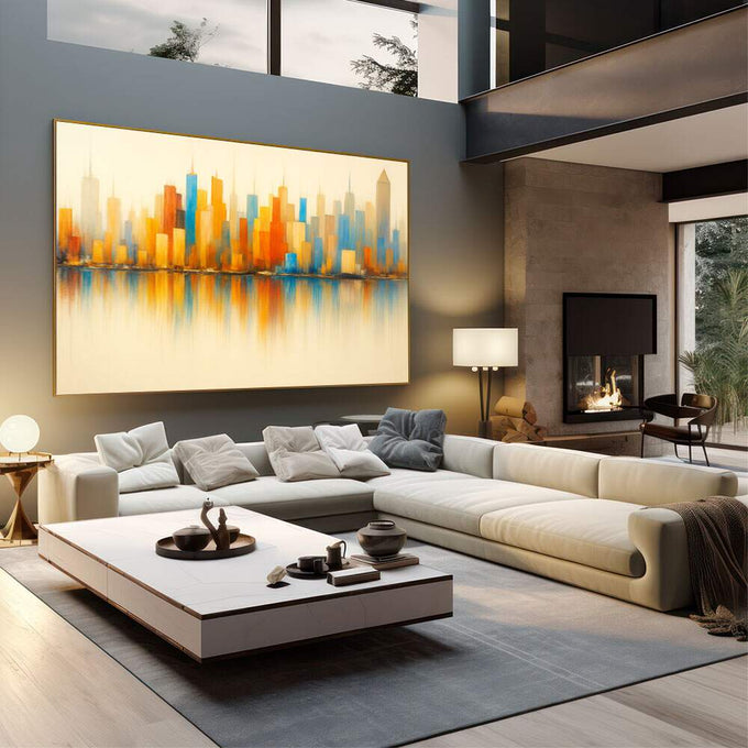 Quadro Decorativo Horizon Urbano | quadros decorativos | Skyline abstrato com torres em dourado, laranja e azul com reflexo aquoso perfeito | em Quadros para Escritorio | Porao dos Quadros