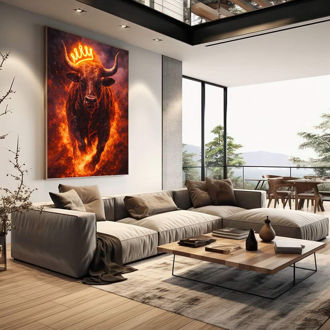 Quadro Decorativo Majestoso do Touro Poderoso | quadros decorativos | Touro em chamas com coroa de neon amarelo brilhante em composição dramática e realista | em Quadros para Escritorio | Porao dos Quadros