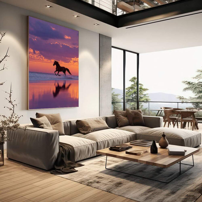 Quadro Decorativo Cavalos ao Entardecer | quadros decorativos | Cavalo em silhueta galopando na praia ao entardecer com reflexo perfeito na água molhada | em Quadros para Escritorio | Porao dos Quadros