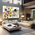 Quadro Decorativo - Energia Minimalista Vibrante | quadros decorativos | Composição geométrica abstrata com círculos, triângulos e linhas em amarelo, laranja e preto | em Quadros para Escritorio | Porao dos Quadros
