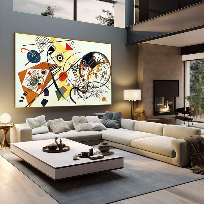 Quadro Decorativo - Energia Minimalista Vibrante | quadros decorativos | Composição geométrica abstrata com círculos, triângulos e linhas em amarelo, laranja e preto | em Quadros para Escritorio | Porao dos Quadros