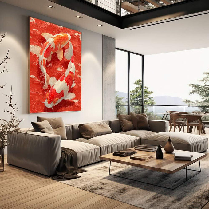 Quadro Decorativo Koi em Movimento | quadros decorativos | Carpas koi em vermelho e branco nadadando em composição dinâmica sobre fundo vermelho intenso | em Quadros para Escritorio | Porao dos Quadros