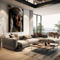 Quadro Decorativo - Retrato de Sabedoria Indígena | quadros decorativos | Retrato fotográfico de indígena com cocar tradicional em tons marrom e preto com luz expressiva. | em Quadros para Escritorio | Porao dos Quadros