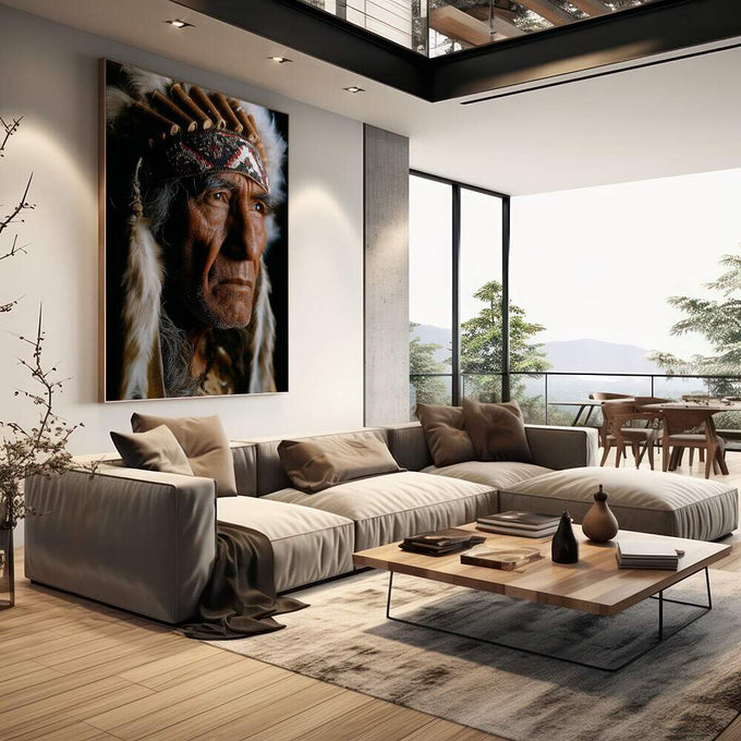 Quadro Decorativo - Retrato de Sabedoria Indígena | quadros decorativos | Retrato fotográfico de indígena com cocar tradicional em tons marrom e preto com luz expressiva. | em Quadros para Escritorio | Porao dos Quadros