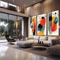 Energia Abstrata: Quadro Decorativo em Painéis de Cores Vibrantes | quadros decorativos | Triptco abstrato com círculos vibrantes em vermelho, azul e preto com linhas verticais | em Quadros para Escritorio | Porao dos Quadros