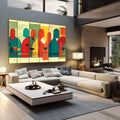 Quadro Decorativo Abstrato Vibrante Energia das Conexões | quadros decorativos | Composição abstrata com figuras geométricas em vermelho, verde, amarelo e azul-petróleo sobre fundo pastel. | em Quadros para Escritorio | Porao dos Quadros