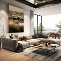 Cavalo preto galopando na água entre dunas de capim em tons bege e sépia, quadro decorativo