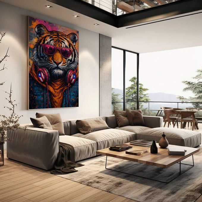 Quadro Decorativo Tigre Estiloso em Óculos | quadros decorativos | Tigre com óculos espelhados roxos e fones de ouvido em cores vibrantes pop art | em Quadros para Escritorio | Porao dos Quadros