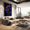 Quadro Decorativo Lírios em Harmonia | quadros decorativos | Três flores com pétalas azuis profundas e miolo laranja vibrante sobre fundo preto | em Quadros para Escritorio | Porao dos Quadros