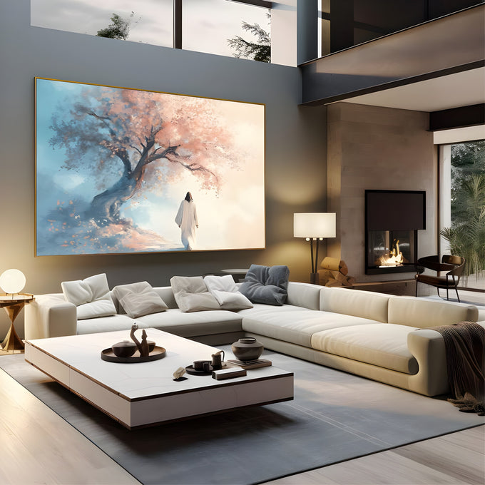Jesus de túnica branca caminhando rumo à luz sob árvore de flores rosa em tons azuis, quadro decorativo