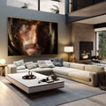 Quadro Decorativo Olhar Profundo | quadros decorativos | Retrato masculino fotorrealista com iluminação dourada e fundo preto, composição monumental vertical | em Quadros para Escritorio | Porao dos Quadros