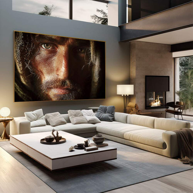 Quadro Decorativo Olhar Profundo | quadros decorativos | Retrato masculino fotorrealista com iluminação dourada e fundo preto, composição monumental vertical | em Quadros para Escritorio | Porao dos Quadros