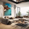 Quadro Decorativo Tropical Sereno | quadros decorativos | Cabanas vermelhas em lagoa turquesa cristalina com céu azul tropical vibrante | em Quadros para Escritorio | Porao dos Quadros