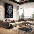 Quadro Decorativo Rosto Humano em Preto e Branco | quadros decorativos | Rosto africano em preto com padrões geométricos brancos em composição simétrica e hipnotizante | em Quadros para Escritorio | Porao dos Quadros