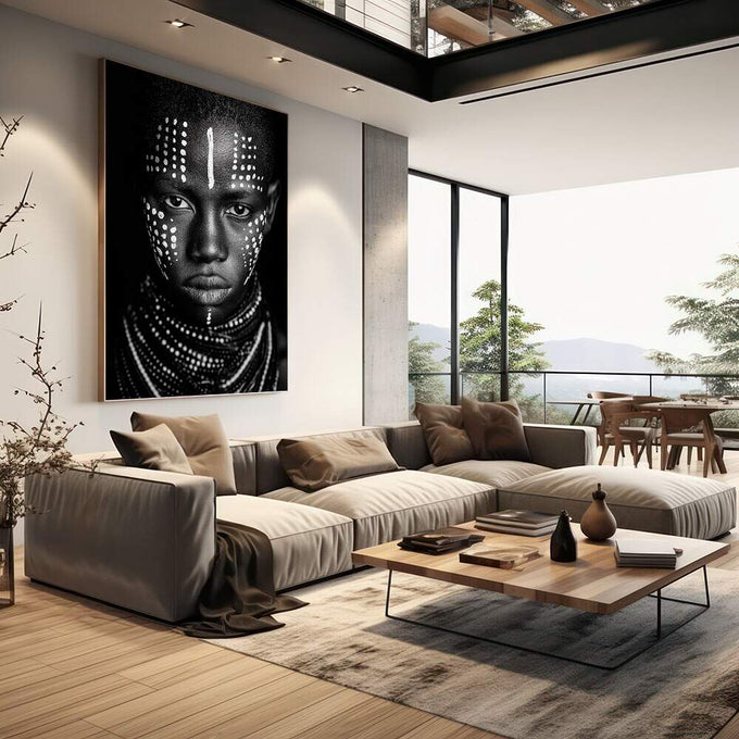 Quadro Decorativo Rosto Humano em Preto e Branco | quadros decorativos | Rosto africano em preto com padrões geométricos brancos em composição simétrica e hipnotizante | em Quadros para Escritorio | Porao dos Quadros