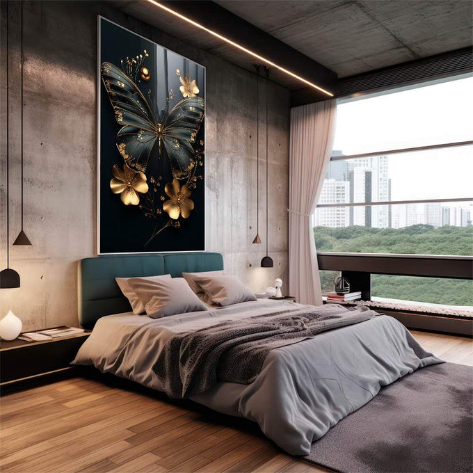 Quadro Decorativo Beldade da Borboleta Abstrata | quadros decorativos | Borboleta azul e negra com flores douradas em fundo preto sofisticado | em Quadros para Escritorio | Porao dos Quadros