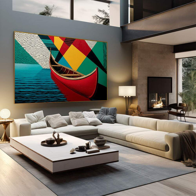 Quadro Decorativo Canoa Vermelha em Movimento | quadros decorativos | Gôndola vermelha com vela geométrica em azul, amarelo e vermelho, composição artística contemporânea. | em Quadros para Escritorio | Porao dos Quadros