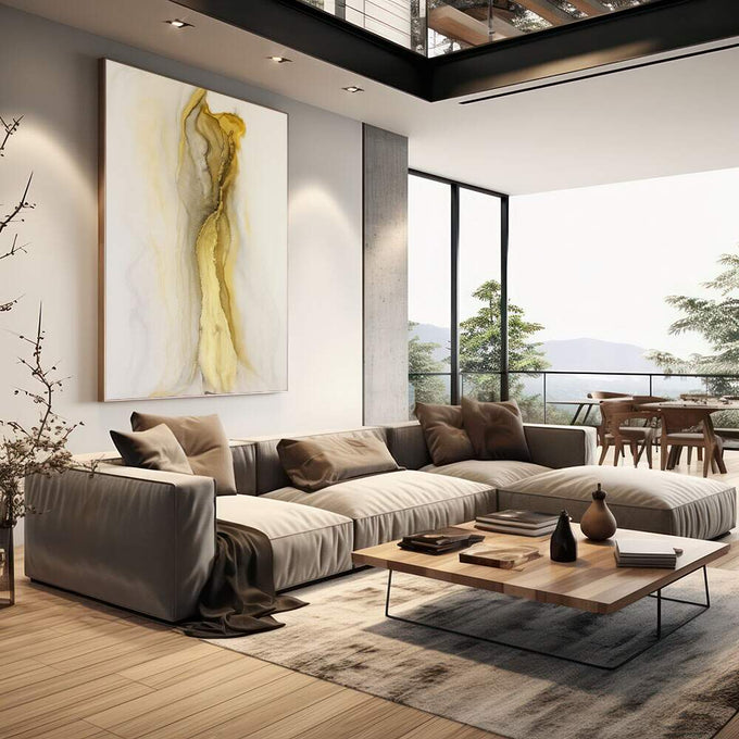 Quadro Decorativo Luxo Ondas Douradas | quadros decorativos | Figura feminina abstrata em aquarela com tons bege e dourado fluindo pelo papel branco. | em Quadros para Escritorio | Porao dos Quadros