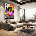 Quadro Decorativo Bonsai Energizante | quadros decorativos | Busto em cinza com fundo colorido laranja amarelo magenta e padrões geométricos abstratos | em Quadros para Escritorio | Porao dos Quadros