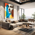 Quadro Decorativo Reflexo Monocromático Vibrante | quadros decorativos | Rosto feminino em cinza com formas geométricas em azul, laranja e amarelo vibrantes em composição moderna. | em Quadros para Escritorio | Porao dos Quadros