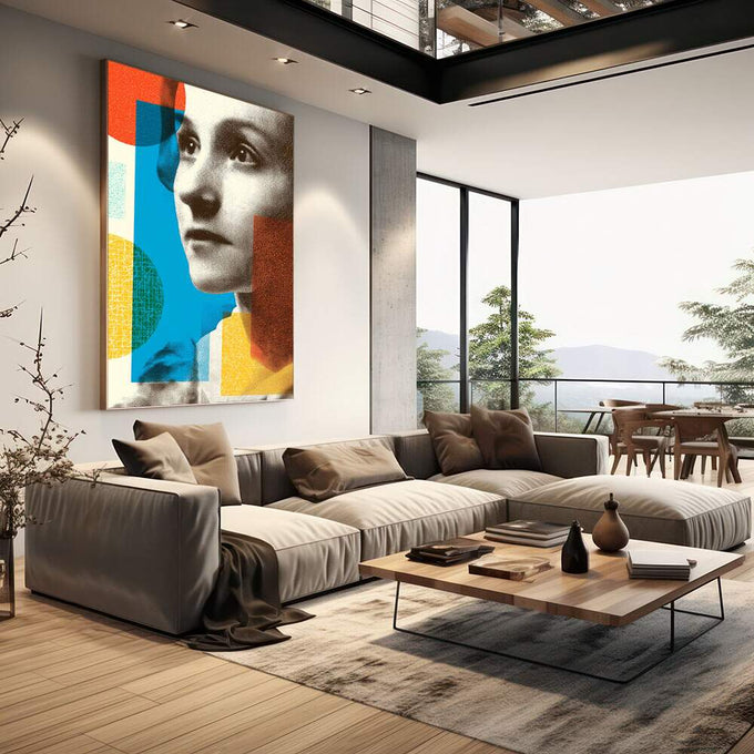 Quadro Decorativo Reflexo Monocromático Vibrante | quadros decorativos | Rosto feminino em cinza com formas geométricas em azul, laranja e amarelo vibrantes em composição moderna. | em Quadros para Escritorio | Porao dos Quadros