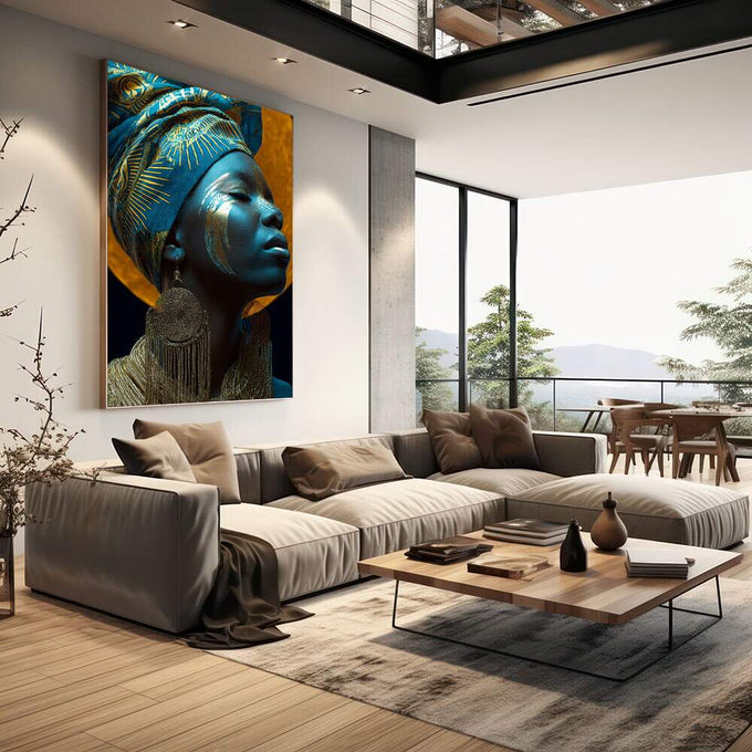 Quadro Decorativo Elegância Azul Feminino Abstrato | quadros decorativos | Rainha egípcia em perfil com tocado dourado, rosto azul vibrante e adornos metálicos em composição majestosa. | em Quadros para Escritorio | Porao dos Quadros