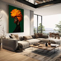 Quadro Decorativo Mulher Vibrante | quadros decorativos | Mulher em turbante laranja e amarelo com brincos dourados em fundo verde profundo | em Quadros para Escritorio | Porao dos Quadros
