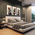 Quadro Decorativo Geométrico Moderno | quadros decorativos | Plantas com folhas pretas e círculos terracota em composição geométrica moderna em três painéis. | em Quadros para Escritorio | Porao dos Quadros