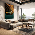 Quadro Decorativo Carro Adrenalina em Movimento | quadros decorativos | Porsche dourado com luzes abstratas em movimento e fundo verde escuro | em Quadros para Escritorio | Porao dos Quadros