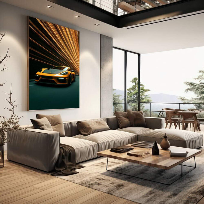 Quadro Decorativo Carro Adrenalina em Movimento | quadros decorativos | Porsche dourado com luzes abstratas em movimento e fundo verde escuro | em Quadros para Escritorio | Porao dos Quadros