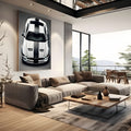 Mustang branco com faixas pretas de corrida visto de cima sobre fundo cinza escuro, quadro decorativo