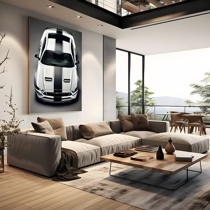Mustang branco com faixas pretas de corrida visto de cima sobre fundo cinza escuro, quadro decorativo