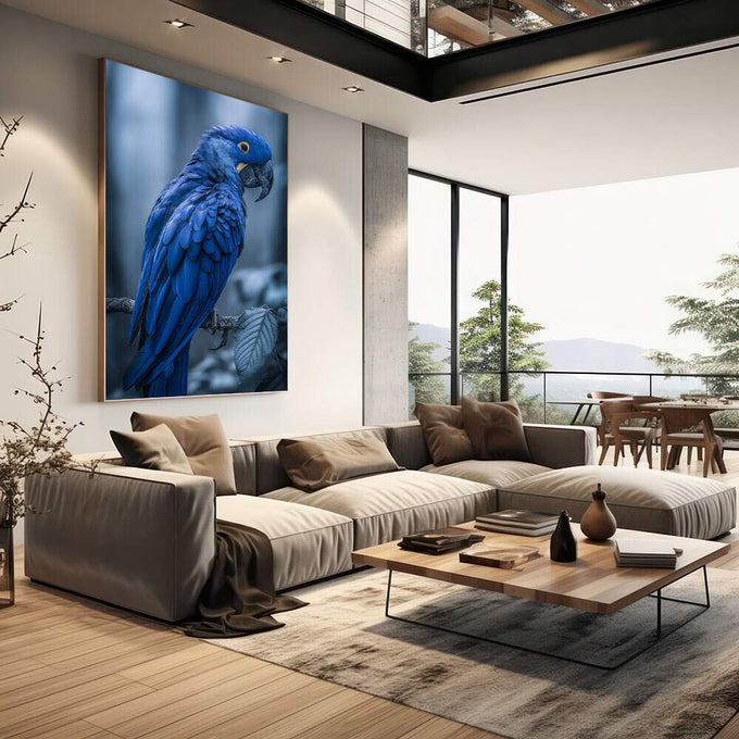 Quadro Decorativo Arara Azul Vibrante | quadros decorativos | Arara azul com olho dourado em galho, fotografia realista de alta qualidade com fundo neutro. | em Quadros para Escritorio | Porao dos Quadros