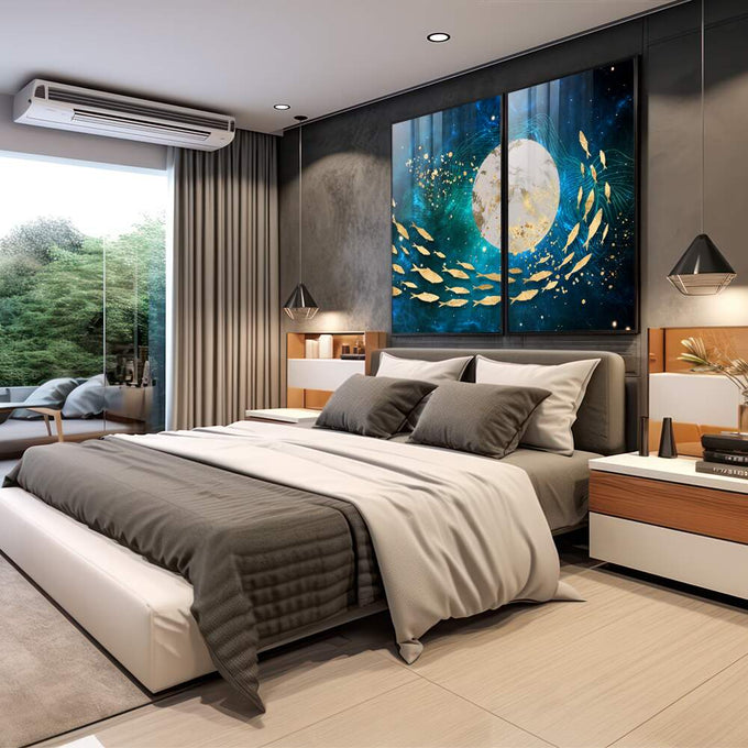Quadro Decorativo Arte Cósmica Peixes Estelares - Encante-se | quadros decorativos | Lua branca com peixes dourados em movimento entre águas azul profundo e noturno | em Quadros para Escritorio | Porao dos Quadros