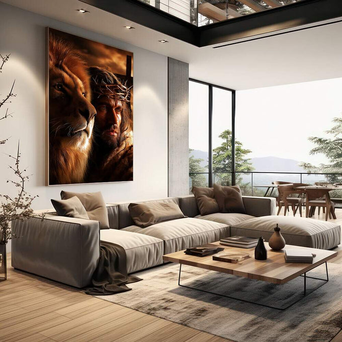 Quadro Decorativo Majestade e Sacrifício Leão de Judá | quadros decorativos | Jesus em encontro sagrado com leão dourado em composição hiperealista e iluminação dramática | em Quadros para Escritorio | Porao dos Quadros