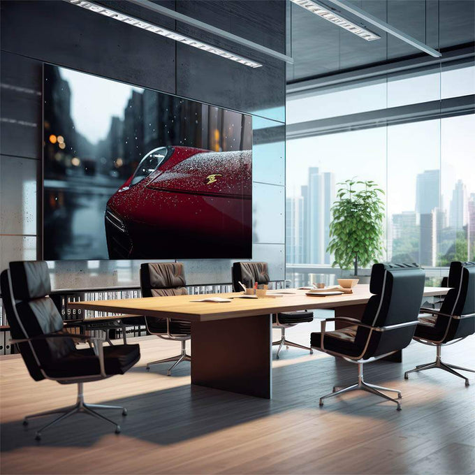 Elegância Automotiva Quadro Decorativo do Carro Esportivo Vermelho | quadros decorativos | Carro vermelho coberto de gotas de chuva com cidade urbana desfocada ao fundo | em Quadros para Escritorio | Porao dos Quadros
