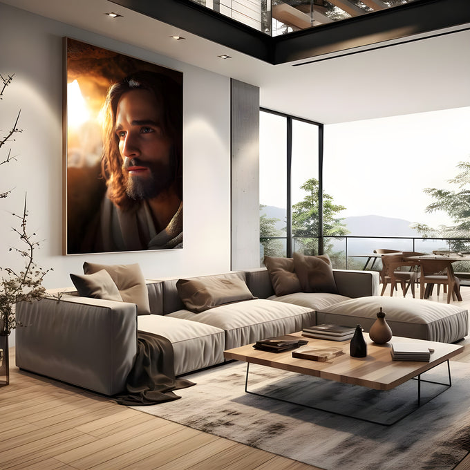 Rosto de Jesus Cristo em retrato realista com luz dourada ao fundo e tons marrons, quadro decorativo