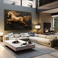 Quadro Decorativo Cavalo Dourado em Movimento | quadros decorativos | Cavalo em ouro modelado em relevo contra fundo preto texturizado, com juba e cauda volumosas. | em Quadros para Escritorio | Porao dos Quadros