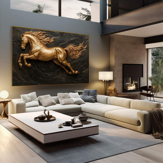 Quadro Decorativo Cavalo Dourado em Movimento | quadros decorativos | Cavalo em ouro modelado em relevo contra fundo preto texturizado, com juba e cauda volumosas. | em Quadros para Escritorio | Porao dos Quadros