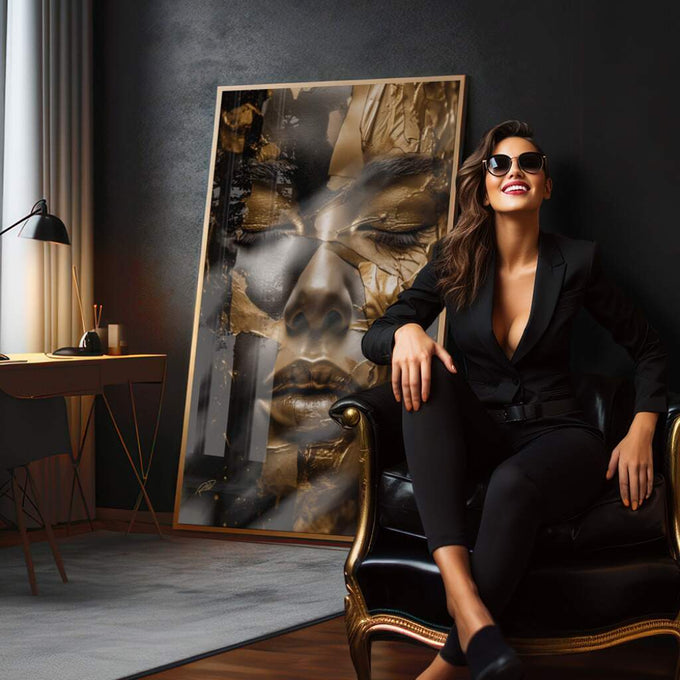Quadro Decorativo - Luxo Dourado Feminino Inesquecível | quadros decorativos | Rosto em preto e dourado com texturas sobrepostas e efeito de ouro batido. | em Quadros para Escritorio | Porao dos Quadros