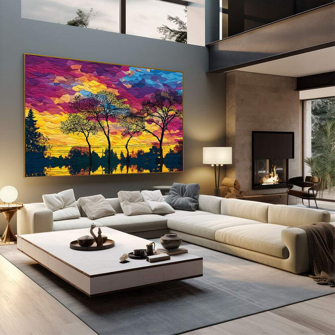 Quadro Decorativo Pôr do Sol Encantado | quadros decorativos | Pôr do sol com árvores silhuetadas em rosa, magenta, amarelo e azul vibrantes | em Quadros para Escritorio | Porao dos Quadros