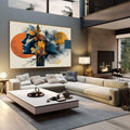 Quadro Decorativo Minimalista da Natureza Harmônica | quadros decorativos | Dois perfis entrelaçados com flores douradas, árvores e raízes em tons laranja, azul e terrosos | em Quadros para Escritorio | Porao dos Quadros