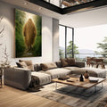 Quadro Decorativo Orixá Omolu: Cura e Terra | quadros decorativos | Figura envolta em tons dourados caminhando pela floresta densa com luz natural atravessando a vegetação verde | em Quadros para Escritorio | Porao dos Quadros