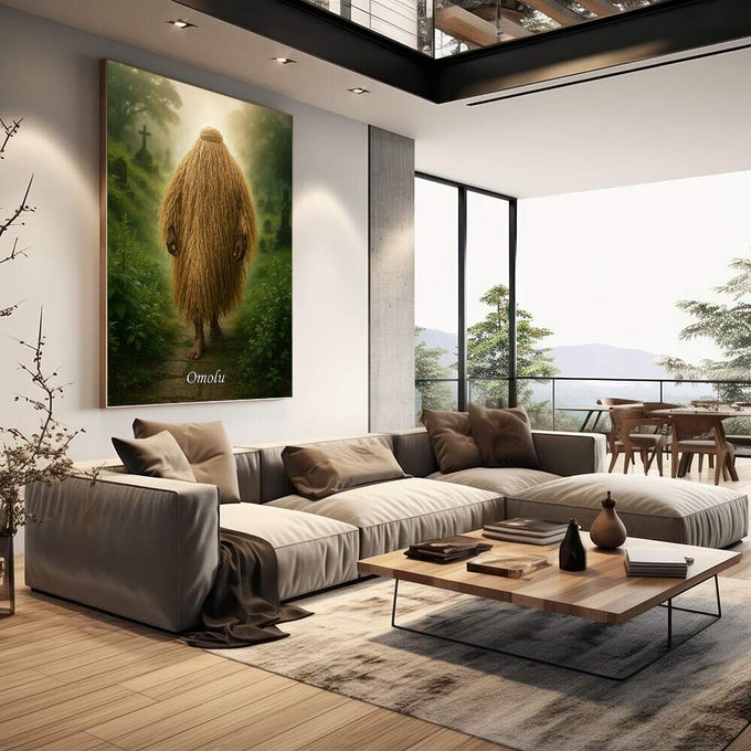 Quadro Decorativo Orixá Omolu: Cura e Terra | quadros decorativos | Figura envolta em tons dourados caminhando pela floresta densa com luz natural atravessando a vegetação verde | em Quadros para Escritorio | Porao dos Quadros