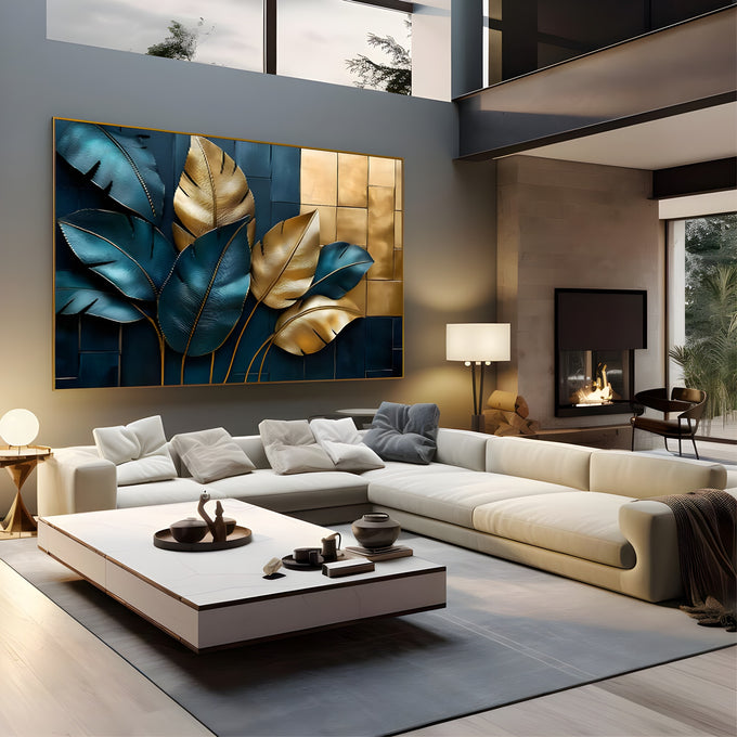 Folhas tropicais azul petróleo e douradas em relevo sobre ladrilhos azuis e dourados, quadro decorativo