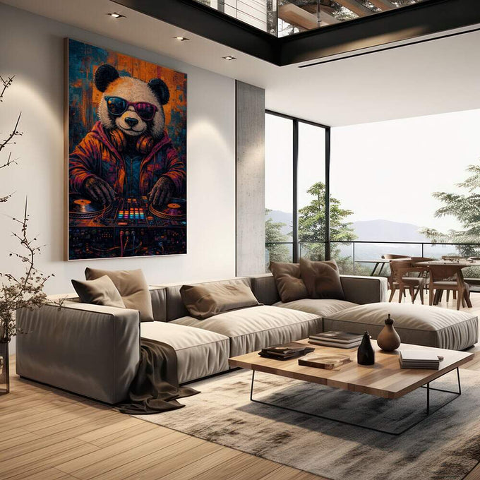 Quadro Decorativo Panda DJ Colorido | quadros decorativos | Panda com óculos de sol e fones de ouvido tocando toca-discos em estilo pop art vibrante | em Quadros para Escritorio | Porao dos Quadros