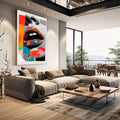 Quadro Decorativo Lábios Vibrantes | quadros decorativos | Boca aberta colorida em vermelho, azul e laranja com formas geométricas em composição pop art fotográfica. | em Quadros para Escritorio | Porao dos Quadros