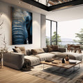 Quadro Decorativo Elefante Sereno Azul | quadros decorativos | Elefante majestoso em tons de azul com luz natural atravessando a textura da pele. | em Quadros para Escritorio | Porao dos Quadros