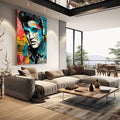 Quadro Decorativo - Energia Musical em Cores | quadros decorativos | Rosto em tons de cinza com cores vibrantes azul, vermelho e amarelo em composição pop art | em Quadros para Escritorio | Porao dos Quadros